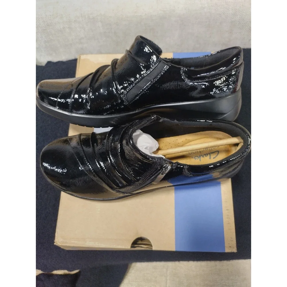 Clarks Collection Kaetlyn Mila Black Crinkle Patent Loafers Shoes 9.5 M New